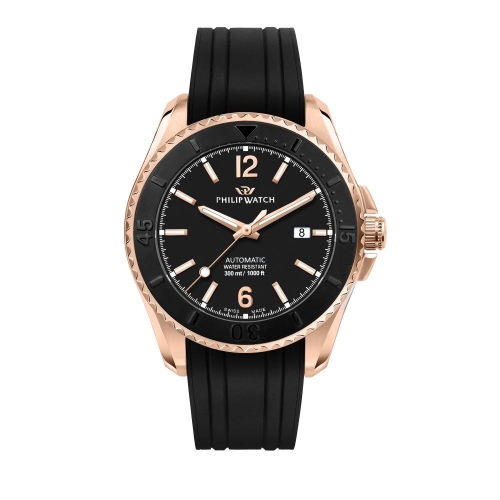 Philip Watch Amalfi 43mm auto black dial blk silic st